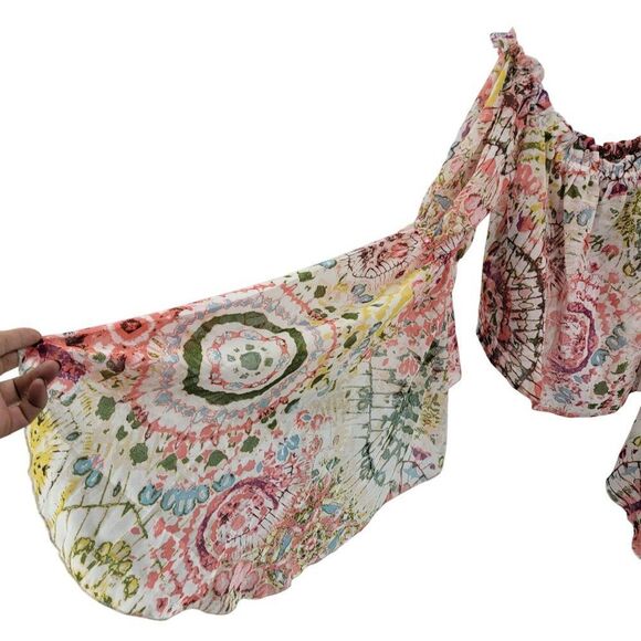 Sheer Floral Off-The-Shoulder Crop Top Angel Sleeves Sz XL Boho Festival India - Picture 4 of 7